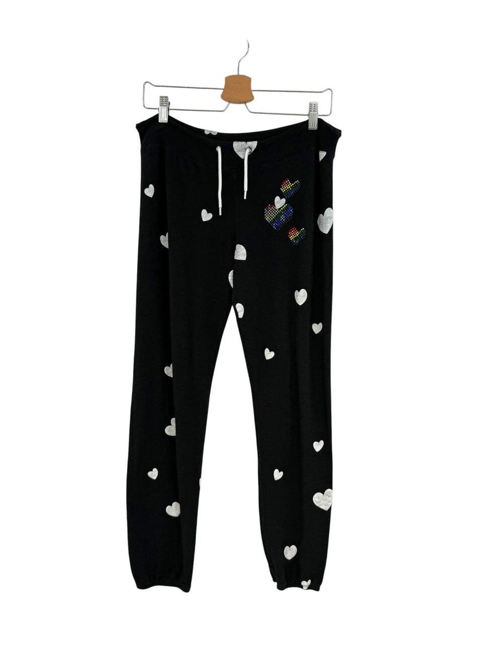 Monrow Heart Print Pride Rhinestone Jogger Sweatpants Black Drawstring Small